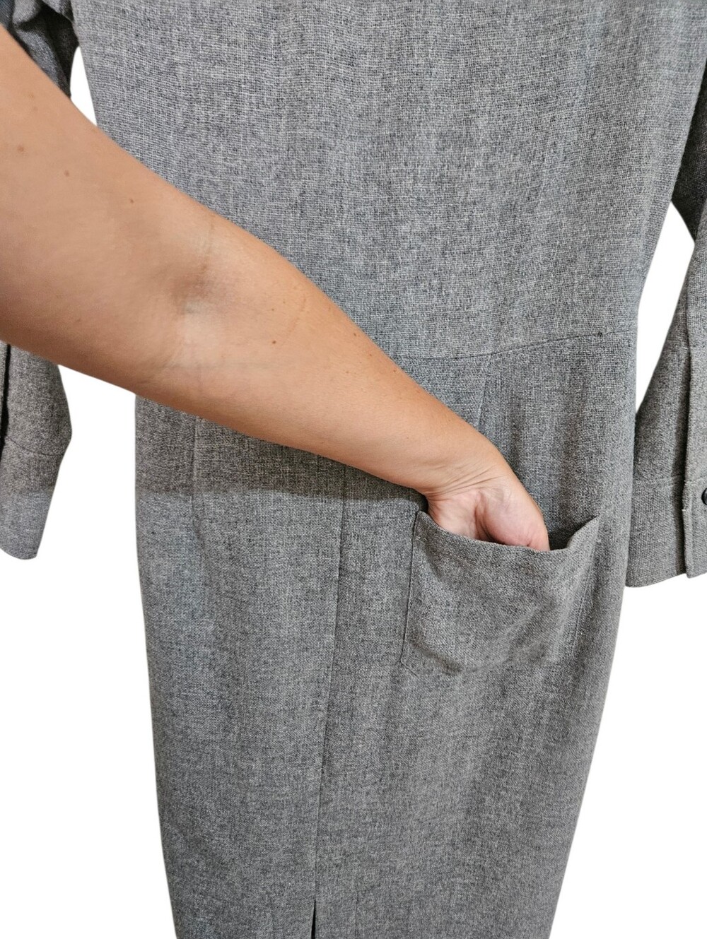 ZARA Wool Blend Heathered Grey Midi Wrap Shirt Dress M Dark Academia Office - Picture 10 of 12